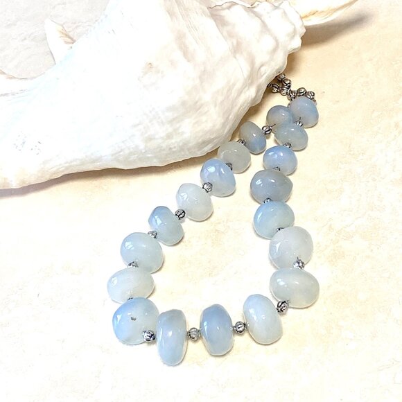 Light Blue Chalcedony Beaded Necklace, Genuine Large Chunky Gemstone - Picture 1 of 16